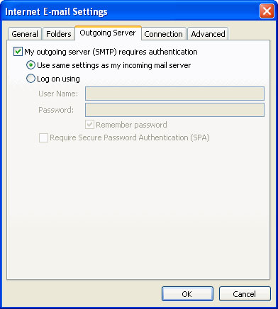 Outgoing Server Settings Outgoing Server Settings